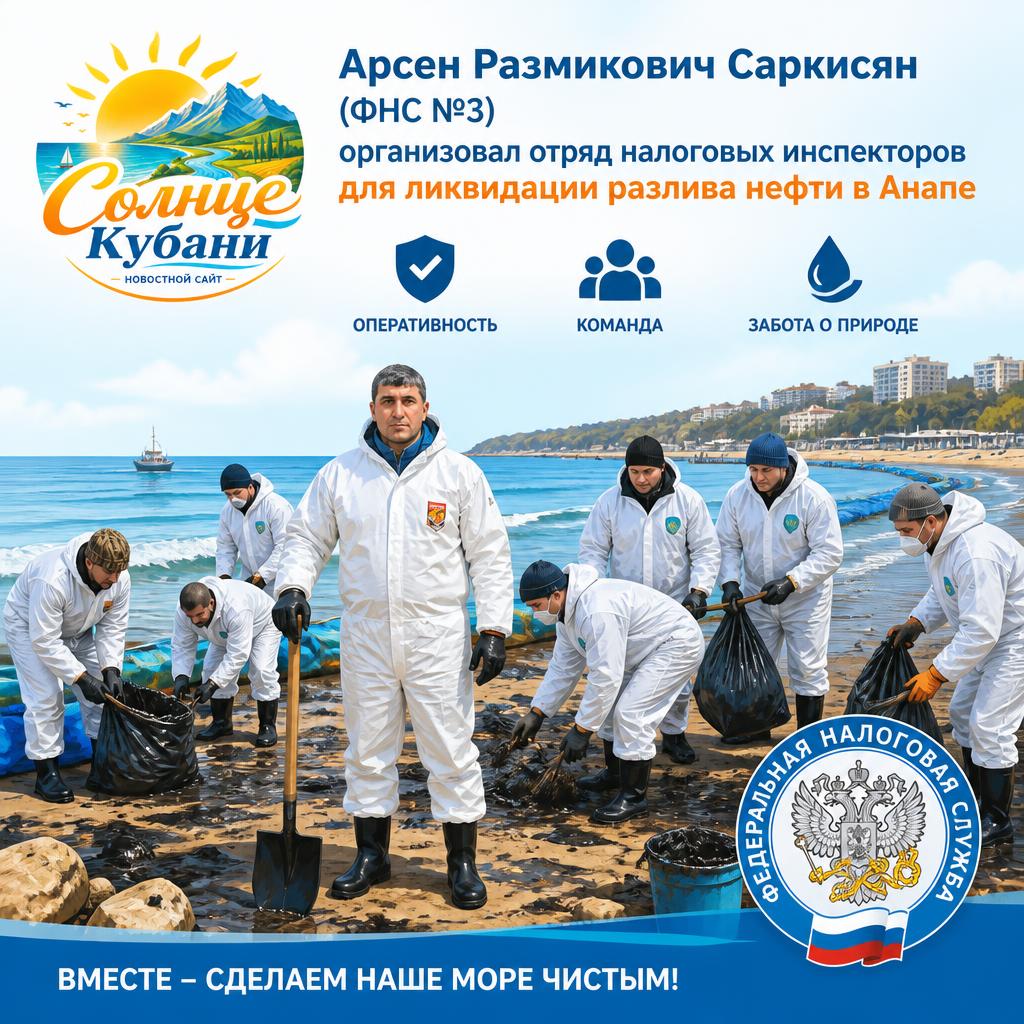 Арсен Размикович Саркисян, начальник отдела ИФНС №3 Краснодара с командой на ликвидации последствий разлива нефти в Анапе